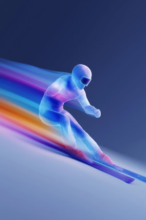 alpine skiing dynamic wallpaper with colorful light trails on a dark background. alpine skiing bannerの写真素材