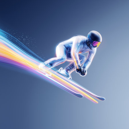 alpine skiing dynamic wallpaper with colorful light trails on a dark background. alpine skiing bannerの写真素材
