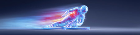 alpine skiing dynamic wallpaper with colorful light trails on a dark background. alpine skiing bannerの写真素材