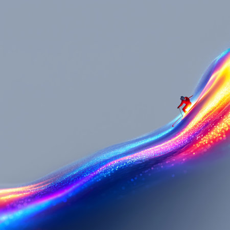 alpine skiing dynamic wallpaper with colorful light trails on a dark background. alpine skiing bannerの写真素材