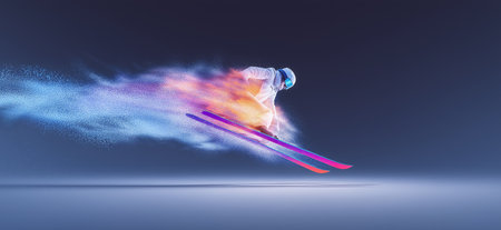 alpine skiing dynamic wallpaper with colorful light trails on a dark background. alpine skiing bannerの写真素材