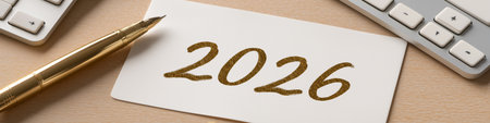 2026 year written in gold on white paper for future planning. Next year 2026 concept on textured paper with a golden pen, top viewの写真素材