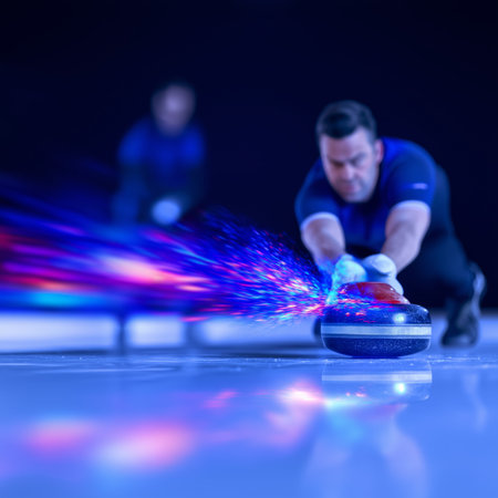 curling dynamic wallpaper with colorful light trails on a dark background. curling bannerの写真素材