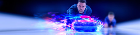 curling dynamic wallpaper with colorful light trails on a dark background. curling bannerの写真素材