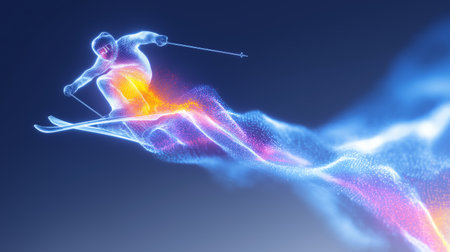 freestyle skiing dynamic wallpaper with colorful light trails on a dark background. freestyle skiing bannerの写真素材