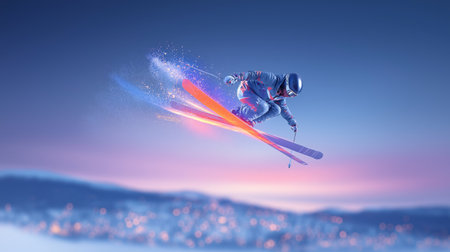 freestyle skiing dynamic wallpaper with colorful light trails on a dark background. freestyle skiing bannerの写真素材