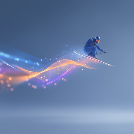 freestyle skiing dynamic wallpaper with colorful light trails on a dark background. freestyle skiing bannerの写真素材