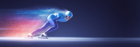 speed skating dynamic wallpaper with colorful light trails on a dark background. speed skating bannerの写真素材