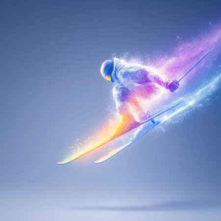 freestyle skiing dynamic wallpaper with colorful light trails on a dark background. freestyle skiing bannerの写真素材