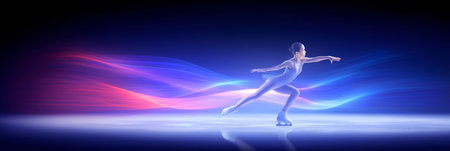 figure skating dynamic wallpaper with colorful light trails on a dark background. figure skating bannerの写真素材