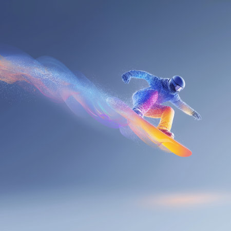 snowboarding dynamic wallpaper with colorful light trails on a dark background. snowboarding bannerの写真素材