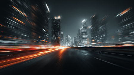 Blurring light streaking through a modern city street at night conveying fast motion. Urban city...