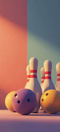 Red bowling ball sitting next to a white pin, other pins blurred in background. Red bowling ball and...