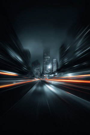 Blurring light streaking through a modern city street at night conveying fast motion. Urban city street at night showing speed and light trailsの写真素材