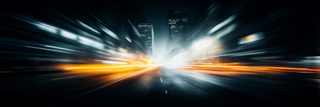 Blurring light streaking through a modern city street at night conveying fast motion. Urban city street at night showing speed and light trailsの写真素材