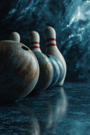 Red bowling ball sitting next to a white pin, other pins blurred in background. Red bowling ball and pin standing on crimson backgroundの写真素材
