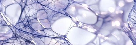 Biomolecular network showing connected organic filamentous microstructure under a microscope....