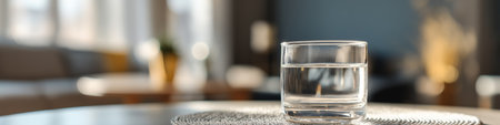 Glass of water on wooden table in modern living room. Clear glass of water standing on a light...
