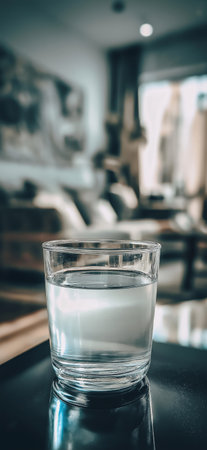 Glass of water on wooden table in modern living room. Clear glass of water standing on a light...