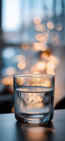 Glass of water on wooden table in modern living room. Clear glass of water standing on a light...