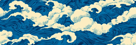 Ocean waves creating and repeating Asian style graphic seamless pattern. Japanese woodblock inspired...