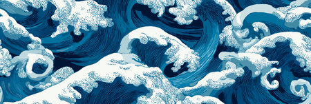 Ocean waves creating and repeating Asian style graphic seamless pattern. Japanese woodblock inspired...