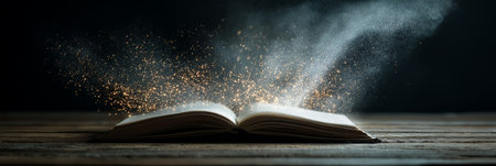 Open book emitting glowing letters and particles, symbolizing knowledge and education. Open book...