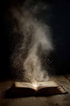 Open book emitting glowing letters and particles, symbolizing knowledge and education. Open book...