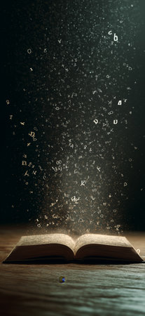 Open book emitting glowing letters and particles, symbolizing knowledge and education. Open book...