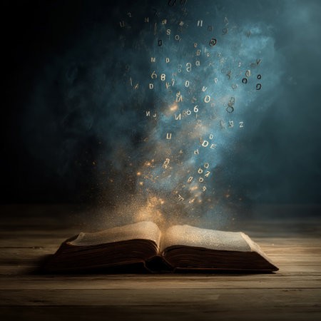 Open book emitting glowing letters and particles, symbolizing knowledge and education. Open book...