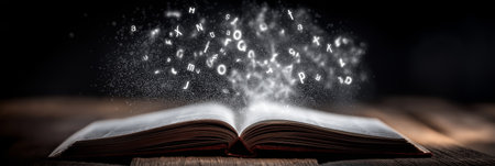 Open book emitting glowing letters and particles, symbolizing knowledge and education. Open book...