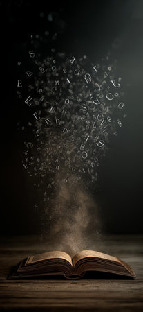 Open book emitting glowing letters and particles, symbolizing knowledge and education. Open book...