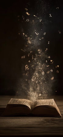Open book emitting glowing letters and particles, symbolizing knowledge and education. Open book...