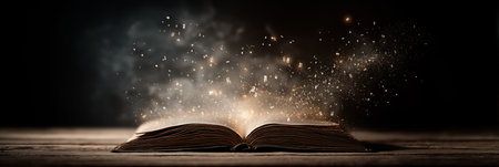Open book emitting glowing letters and particles, symbolizing knowledge and education. Open book...