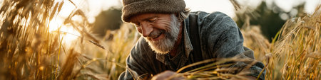 Farmer harvesting ripe wheat in a field during a golden sunrise. Smiling farmer picking ripe wheat during golden hourの写真素材