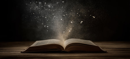 Open book emitting glowing letters and particles, symbolizing knowledge and education. Open book...