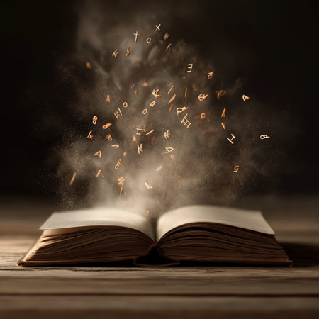 Open book emitting glowing letters and particles, symbolizing knowledge and education. Open book...