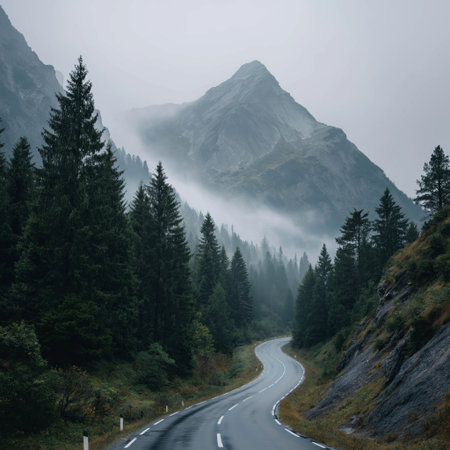 Winding asphalt road navigating through pine trees and fog, ascending towards a mountain peak. Winding mountain road leading to a foggy Alps peakの写真素材