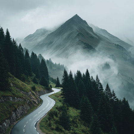 Winding asphalt road navigating through pine trees and fog, ascending towards a mountain peak....