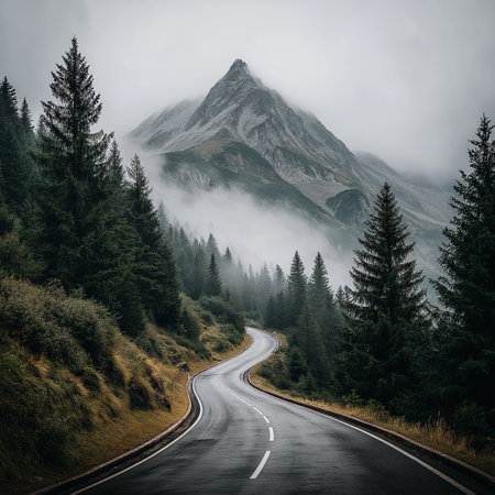 Winding asphalt road navigating through pine trees and fog, ascending towards a mountain peak. Winding mountain road leading to a foggy Alps peakの写真素材