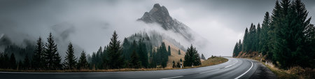 Winding asphalt road navigating through pine trees and fog, ascending towards a mountain peak. Winding mountain road leading to a foggy Alps peakの写真素材