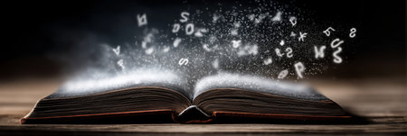 Open book emitting glowing letters and particles, symbolizing knowledge and education. Open book...