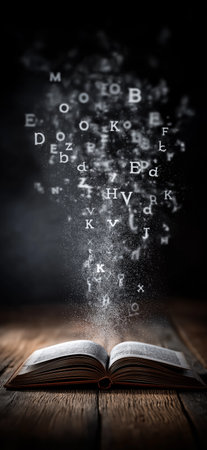 Open book emitting glowing letters and particles, symbolizing knowledge and education. Open book...