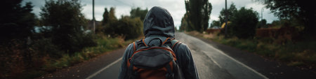 Backpacker walking on a road at sunset, motion blur suggesting movement and travel. Backpacker...