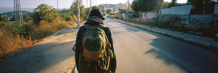 Backpacker walking on a road at sunset, motion blur suggesting movement and travel. Backpacker...