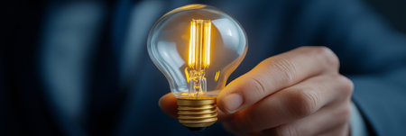 Hand holding illuminated light bulb representing creative ideas, innovation, and inspiration....