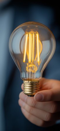 Hand holding illuminated light bulb representing creative ideas, innovation, and inspiration....