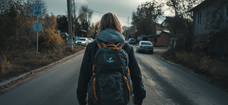 Backpacker walking on a road at sunset, motion blur suggesting movement and travel. Backpacker...