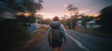 Backpacker walking on a road at sunset, motion blur suggesting movement and travel. Backpacker...