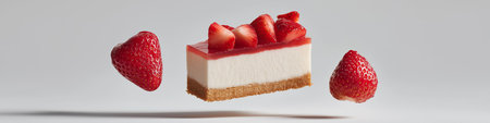 Strawberry cheesecake slice levitating with fresh strawberries on a clean white background....
